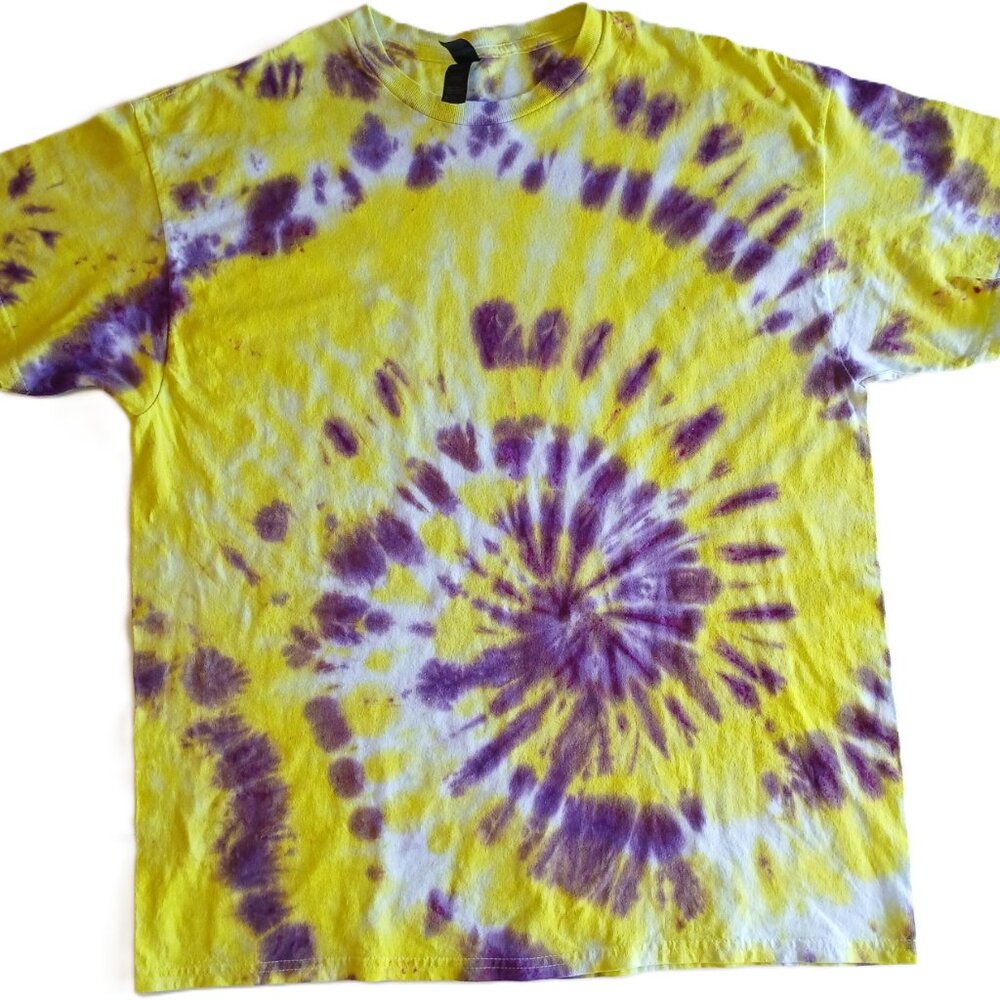 Yellow and Purple Tie Dye T Shirt with Swirl Pattern Unisex Adult Size XL - Picture 2 of 15